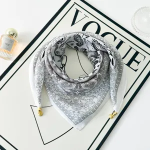 Grey paisley print cotton linen square scarf triangle bandana with chic metal corner charms.