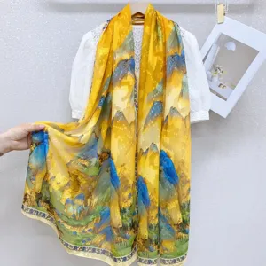 Traditional Chinese landscape printed gauze scarf women elegant sun protection shawl wrap