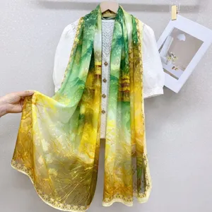 Landscape print silk scarf, Chinese style elegant green shawl for women sun protection.