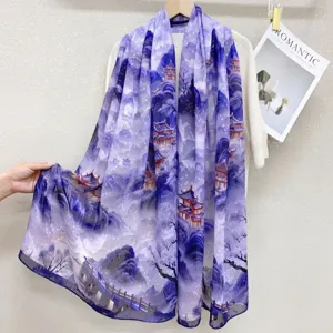 Elegant purple Chinese style landscape print silk scarf, lightweight chiffon shawl for women.
