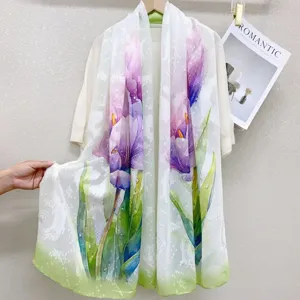 Elegant purple floral print chiffon scarf, lightweight summer sun protection shawl for women.