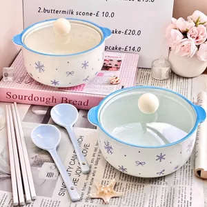 Cute Ceramic Instant Noodle Bowl Cartoon Snowflake Bow Design Large Capacity Soup Bowl For Home Dining Tableware