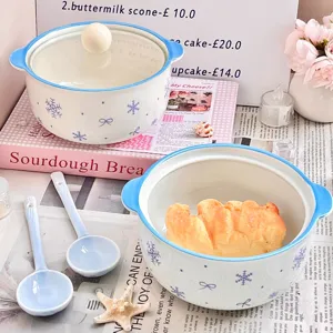 Cute ceramic bowl set with lid and spoon ins style soup ramen bowl home tableware