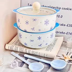 Cute ceramic instant noodle bowl set with lid, ins style soup bowl for home kitchen, blue