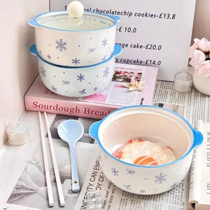 Ceramic noodle bowl set with cute blue rim snowflake design, stylish tableware for home kitchen.