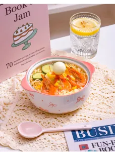 Keramik Instant Nudel Schüssel mit Deckel Schleife Design rosa Geschirr Suppe Details