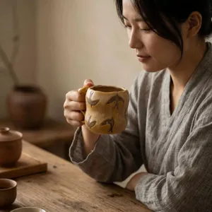 Retro handgemachte Keramik Kaffeetasse mit Vogelmuster, kreativer Fruehstuecksbecher.