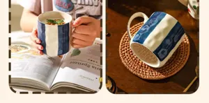 Tasse à café en céramique créative japonaise à rayures bleues et blanches pour bureau.