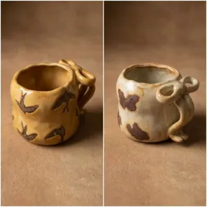 Vintage handgemachte Keramik Kaffeetasse mit Schleifengriff und Schmetterlingsmuster fürs Frühstück.