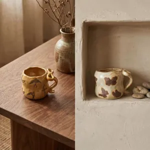 Retro handgemachte Keramik Kaffeetasse mit kreativen Mustern, ideal für Frühstück und Latte Art.