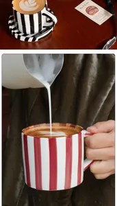 Juego de taza de café y platillo de cerámica a rayas pintadas a mano retro, vajilla elegante.