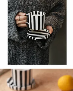 Juego de taza y plato de café de cerámica pintada a mano retro, detalle de rayas blanco.