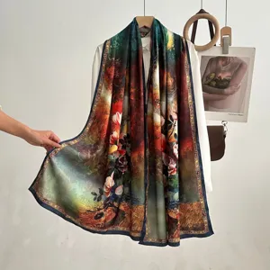 Vintage long printed silk scarf for women, elegant artistic oil painting floral shawl wrap.