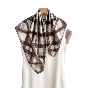 Classic plaid scarf for women, elegant faux silk square neckerchief, stylish daily wear.