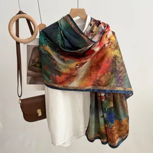 Vintage long silk scarf with double-sided floral print, elegant New Chinese style women shawl.
