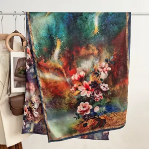 Vintage long silk scarf double-sided printed floral art shawl elegant women neckerchief