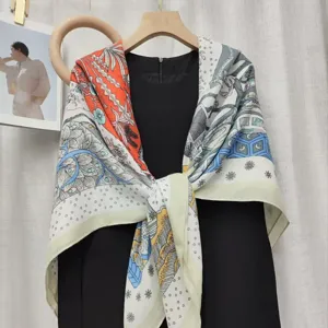 Women Vintage Floral Print Large Square Scarf Imitation Silk Wool Hand Rolled Hem Shawl Winter Warm Wrap