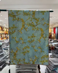 Chinese style retro floral printed long scarf shawl, elegant cyan and yellow design.