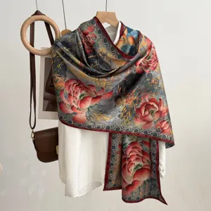 Detail view of retro floral Xiangyunsha silk scarf draped gracefully with peony print.