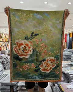 New Chinese vintage silk scarf peony floral print long shawl elegant green wrap for women