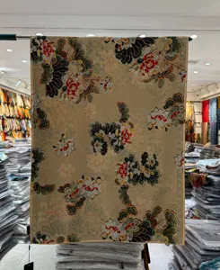 Detailed view of traditional Chinese style double-sided printed silk-feel long scarf shawl.