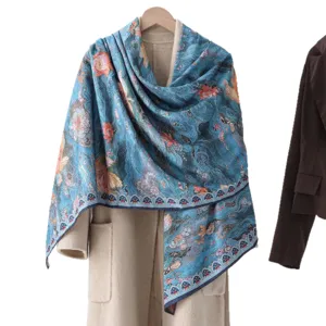 Sciarpa quadrata in seta grande stile cinese scialle blu lussuoso elegante per donna