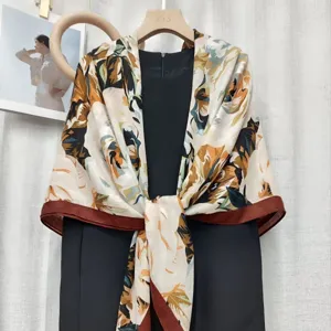 Winter fashion 130cm botanical floral print silk wool shawl warm large square scarf for women