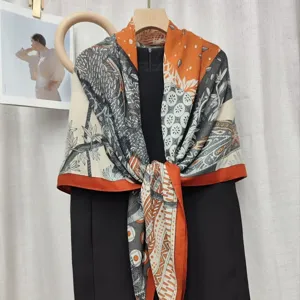 Large 130cm botanical floral square scarf, elegant silk-wool shawl wrap for women winter warm.