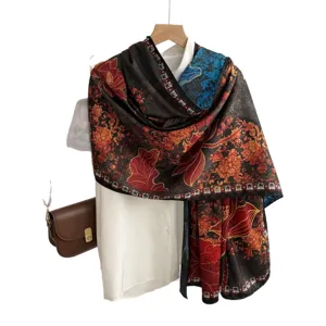 Retro long Gambiered Canton Silk scarf double-sided printed women shawl Chinese style