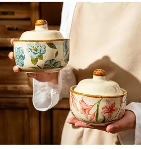 Japanese style ceramic stew bowl detail, floral pattern with lid, kitchen tableware scene