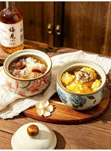 Japanese ceramic stew pot with lid for soup double boiler single serving earthenware bowl
