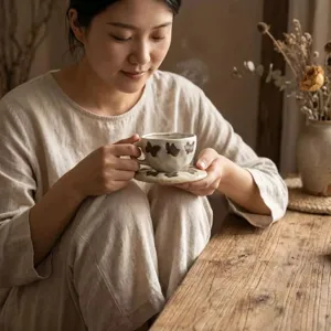 Detalle de una taza de café de cerámica artesanal de estilo vintage con su platillo.
