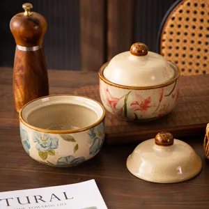 Japanese ceramic stew pot with lid, cute floral soup bowl for home kitchen and tableware.