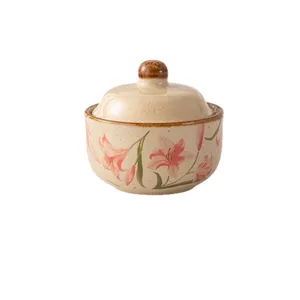 Japanese ceramic stew pot with lid, floral pattern kitchen soup bowl for home cooking and serving