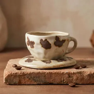 Conjunto De Taza De Café Y Plato De Cerámica Hecho A Mano Retro Taza Glaseada De Cambio De Horno Con Caja De Regalo Para Hogar Oficina