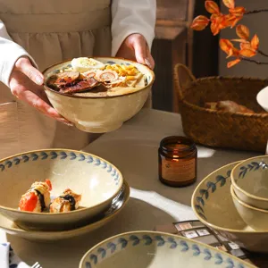 Set stoviglie ciotola in ceramica vintage giapponese con motivo a foglie blu cucina