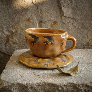 Set de taza de cafe y plato de ceramica artesanal con esmalte retro y patron de pajaro para el hogar