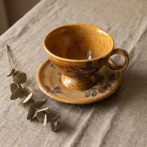 Set di tazza e piattino da caffè in ceramica retrò, design artigianale smaltato per tè.