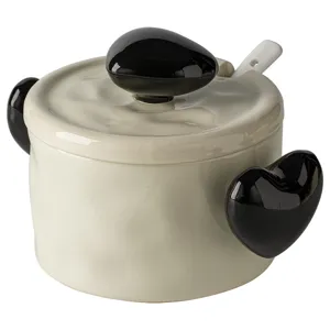 Ceramic lard jar with lid and spoon, cute black heart handles, kitchen storage container.