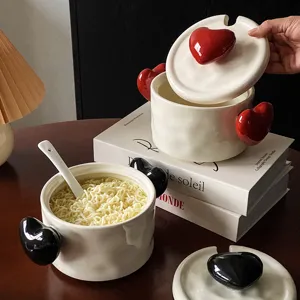 Cute Heart Ceramic Instant Noodle Bowl With Lid And Spoon Double Handle Soup Bowl Home Kitchen Tableware