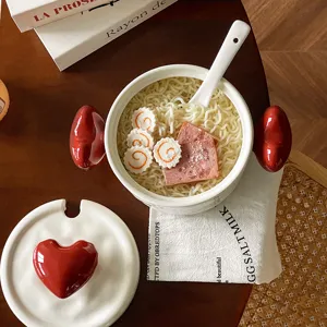 Cute ceramic instant noodle bowl with heart-shaped handles and lid for home and dorm ramen.