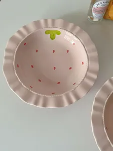 French cute pink ceramic straw hat plate with strawberry pattern for home dining.