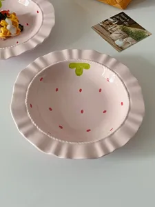 Pink ceramic straw hat dinner plate cute French style ruffle edge underglaze tableware