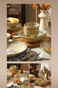 Dettaglio di ciotola in ceramica rétro giapponese, esposizione stoviglie con foglie blu.