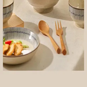 Gedetailleerd overzicht van Japanse stijl keramische schalen en houten bestekset.