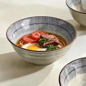 Japanse keramische ramenkom met blauwe strepen, ideaal voor soep en noedels in het huishouden.