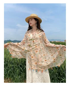 Chinese style double-layer button imitation silk shawl women summer air conditioning room cape