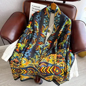 Exquisite dragon pattern long silk scarf, elegant retro sun protection shawl for women.
