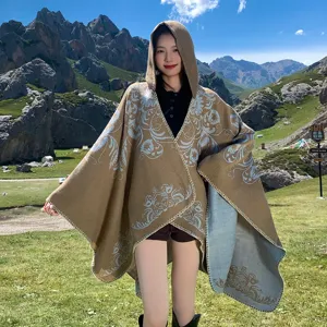 Femmes Hiver Chaud Capuche Cloak Châle Style Ethnique Floral Imprimé Avant Ouvert Cape Mode
