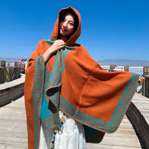 Estilo etnico capa con capucha mujer chal boho invierno abrigado poncho geometrico